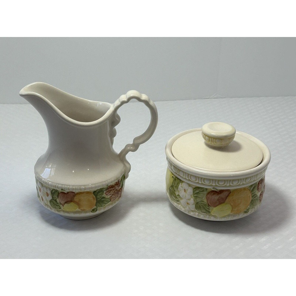 Metlox Vernon Ware Della Robbia‎ Lidded Sugar Bowl & Creamer California Pottery